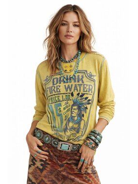 Double D Ranch Mustard Yellow Drink Fire Water Graphic L/S Shirt XS Santa Fe Boh